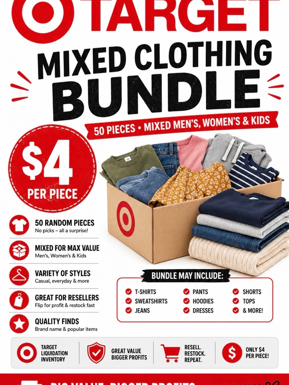 Target 🎯Mixed Clothing Reseller Bundle 50 Pieces Men Women Kids $4 Each Bulk Lot